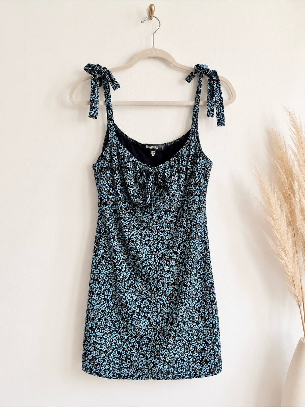 Missguided Blue Floral Tie Strap Mini Dress Cottagecore Coquette NWT US 8